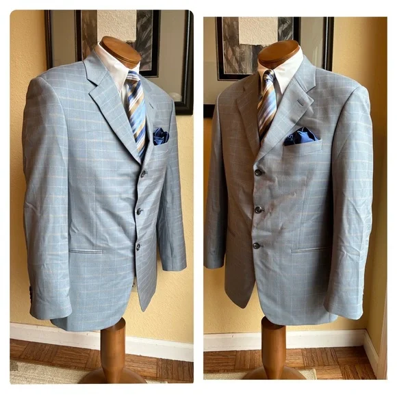 Marzotto Sartoriale Fine Italian Wool Light Blue Windowpane Jacket Size 40R